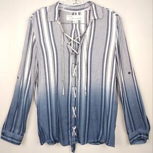 Vintage Havana Dip-Dyed Lace-Up Top in Navy/Blues/White Stripes Sz. M